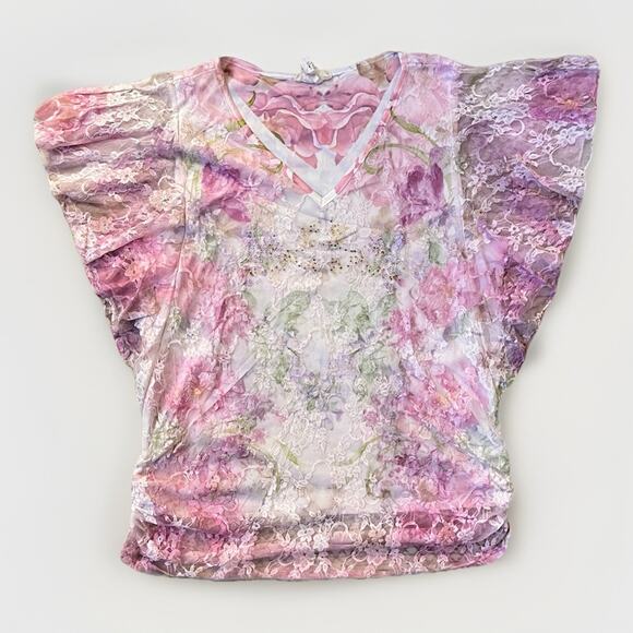 PINK Tops - Brittany Black Pink Floral Lace Beaded Short Sleeve Top Size Women’s Large
